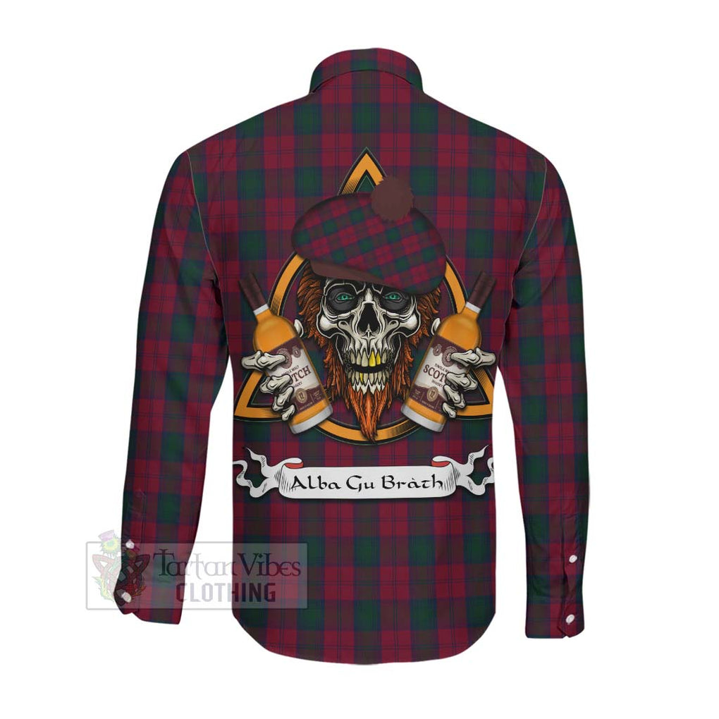 Tartan Vibes Clothing Lindsay Tartan Long Sleeve Button Shirt with Family Crest and Bearded Skull Holding Bottles of Whiskey