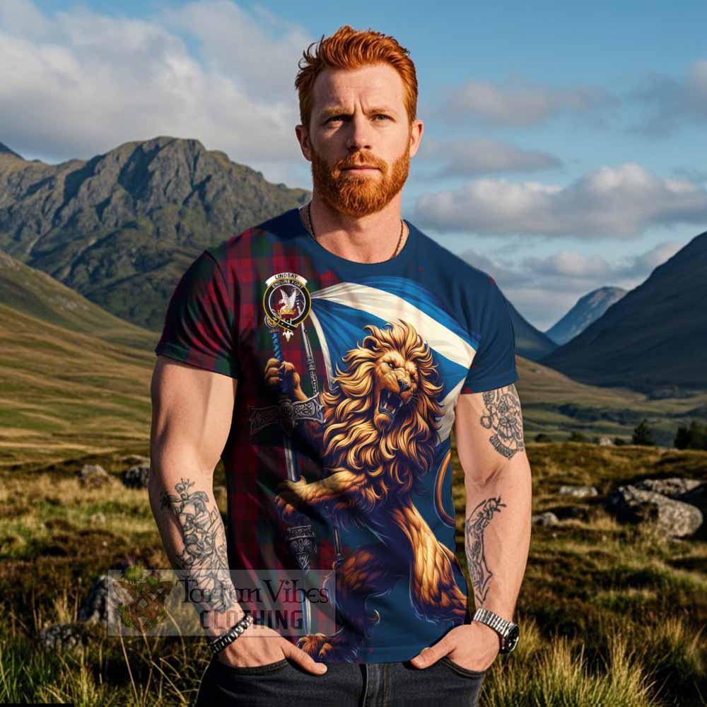 Tartan Vibes Clothing Lindsay Tartan Family Crest T-Shirt with Scottish Majestic Lion