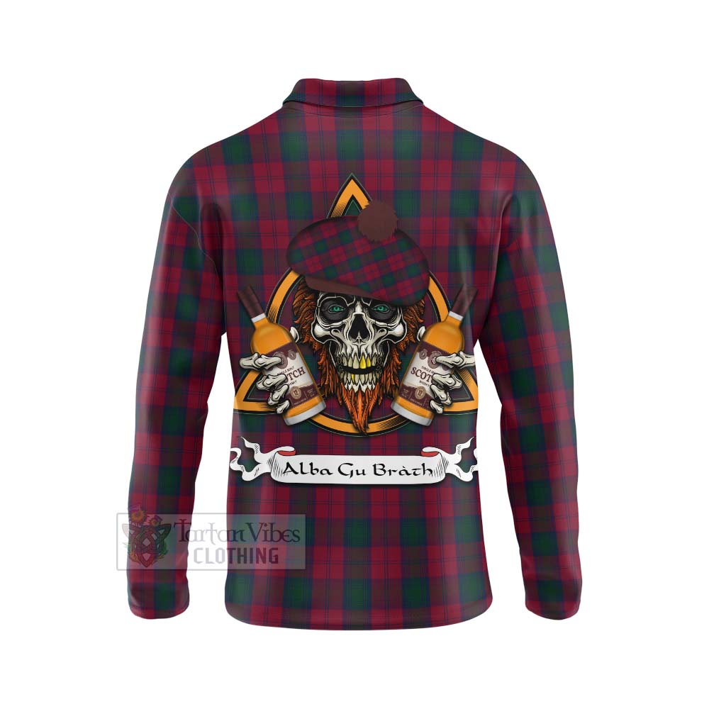 Tartan Vibes Clothing Lindsay Tartan Long Sleeve Polo Shirt with Family Crest and Bearded Skull Holding Bottles of Whiskey