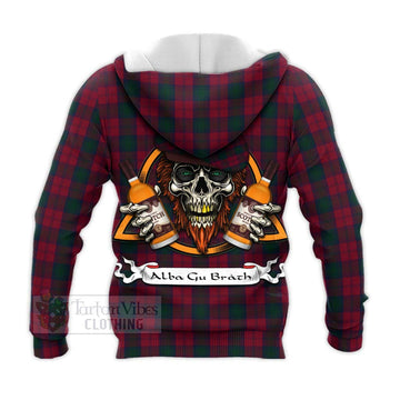 Lindsay Tartan Knitted Hoodie with Family Crest and Bearded Skull Holding Bottles of Whiskey