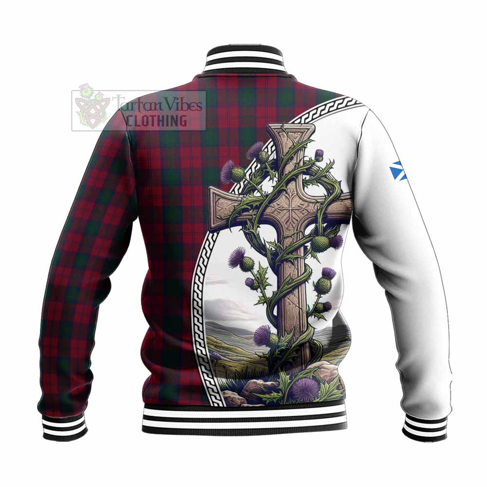 Tartan Vibes Clothing Lindsay Tartan Baseball Jacket with Family Crest and St. Andrew's Cross Accented by Thistle Vines