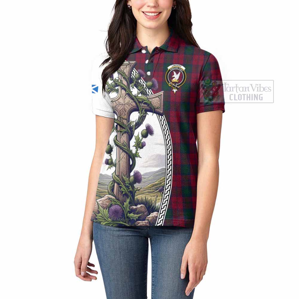 Tartan Vibes Clothing Lindsay Tartan Women's Polo Shirt with Family Crest and St. Andrew's Cross Accented by Thistle Vines