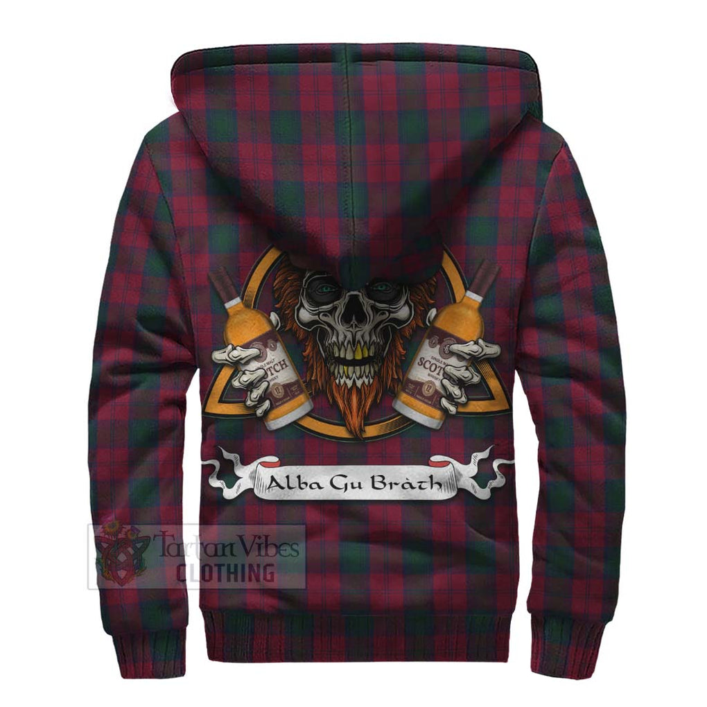 Tartan Vibes Clothing Lindsay Tartan Sherpa Hoodie with Family Crest and Bearded Skull Holding Bottles of Whiskey