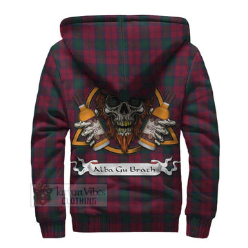 Lindsay Tartan Sherpa Hoodie with Family Crest and Bearded Skull Holding Bottles of Whiskey