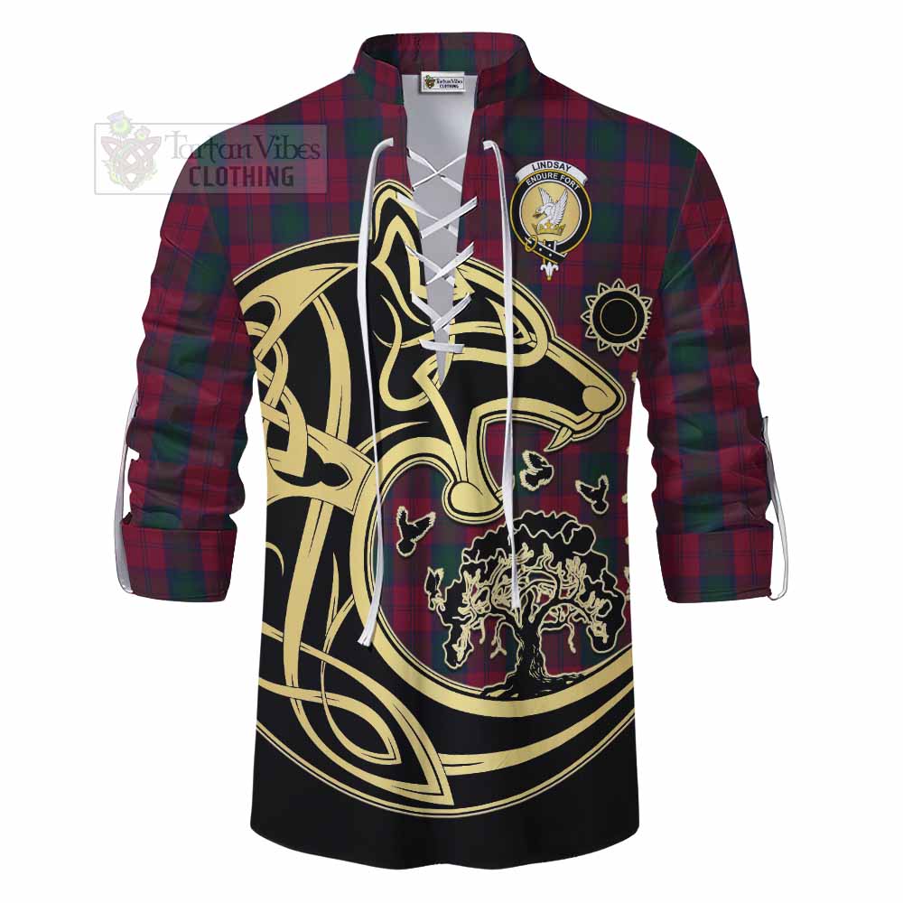 Lindsay Tartan Ghillie Kilt Shirt with Family Crest Celtic Wolf Style - Tartan Vibes Clothing