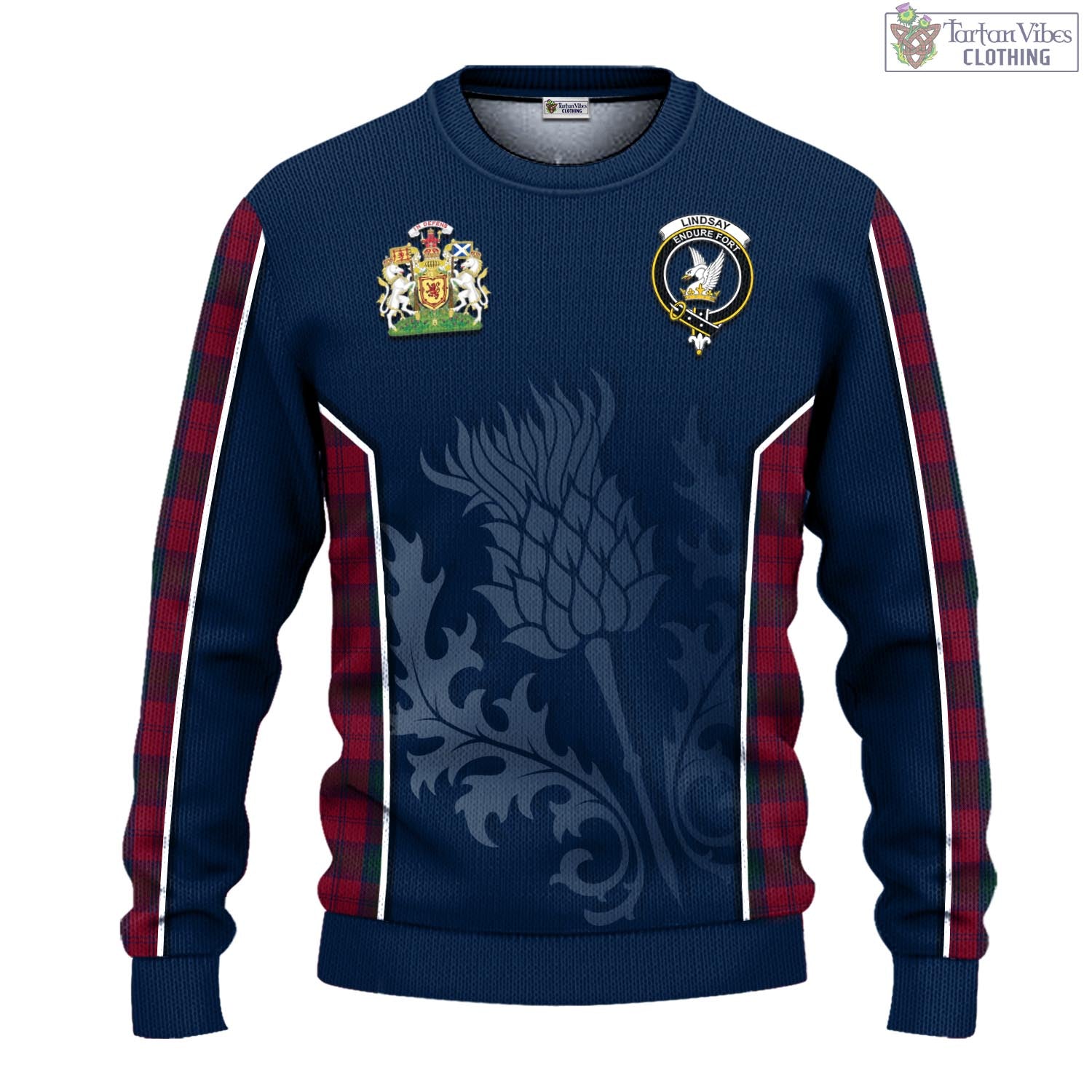 Tartan Vibes Clothing Lindsay Tartan Knitted Sweatshirt with Family Crest and Scottish Thistle Vibes Sport Style