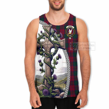 Lindsay Tartan Men's Tank Top with Family Crest and St. Andrew's Cross Accented by Thistle Vines