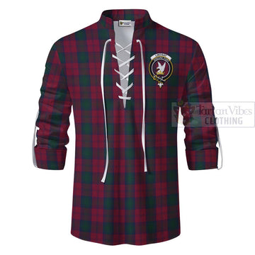 Lindsay Tartan Ghillie Kilt Shirt with Family Crest and Bearded Skull Holding Bottles of Whiskey