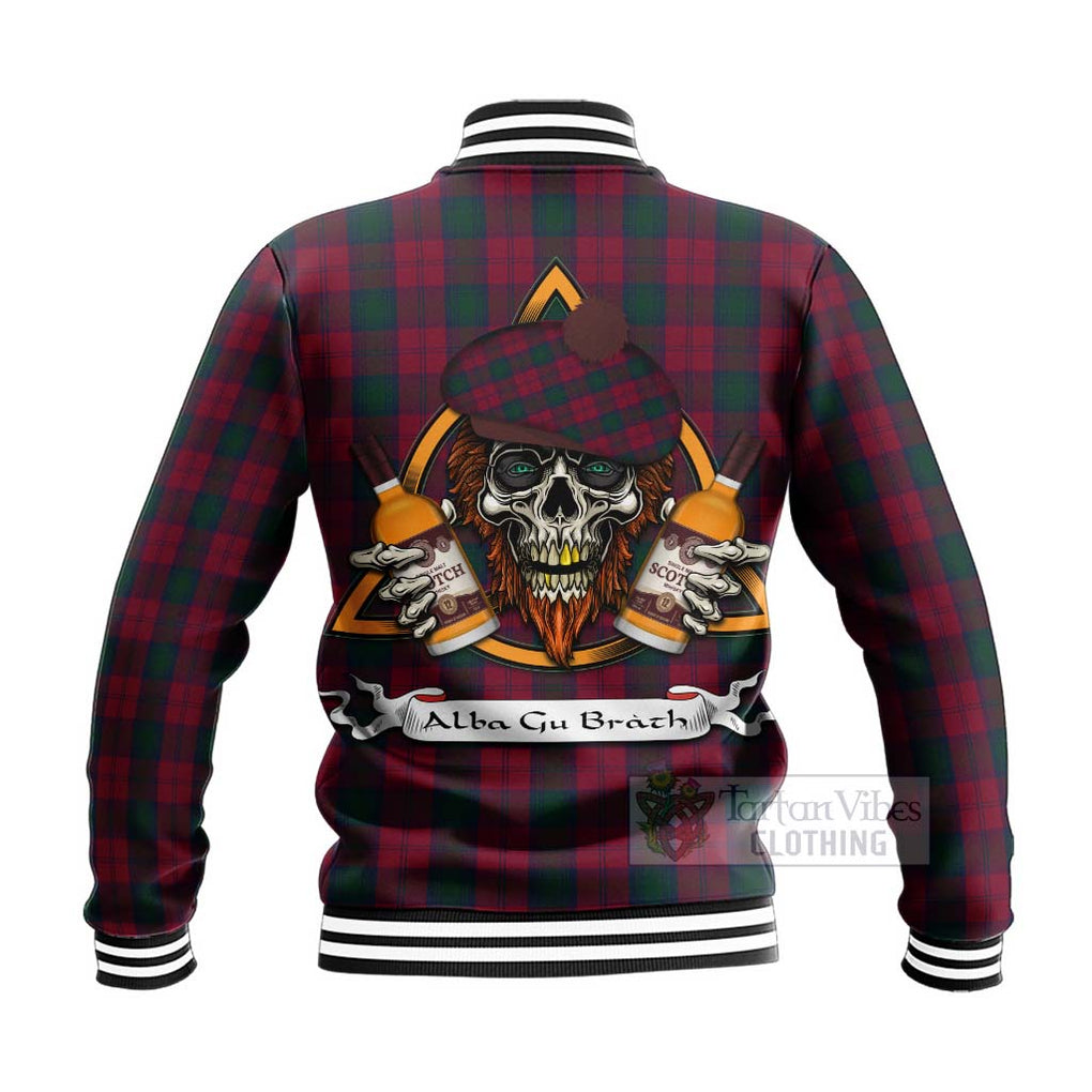 Tartan Vibes Clothing Lindsay Tartan Baseball Jacket with Family Crest and Bearded Skull Holding Bottles of Whiskey