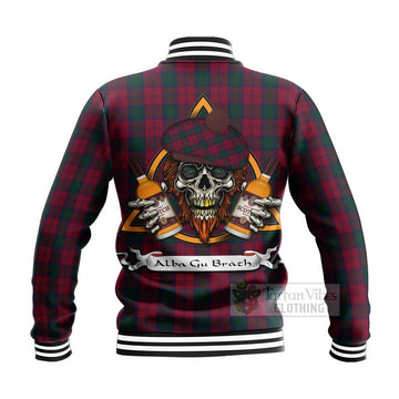 Lindsay Tartan Baseball Jacket with Family Crest and Bearded Skull Holding Bottles of Whiskey