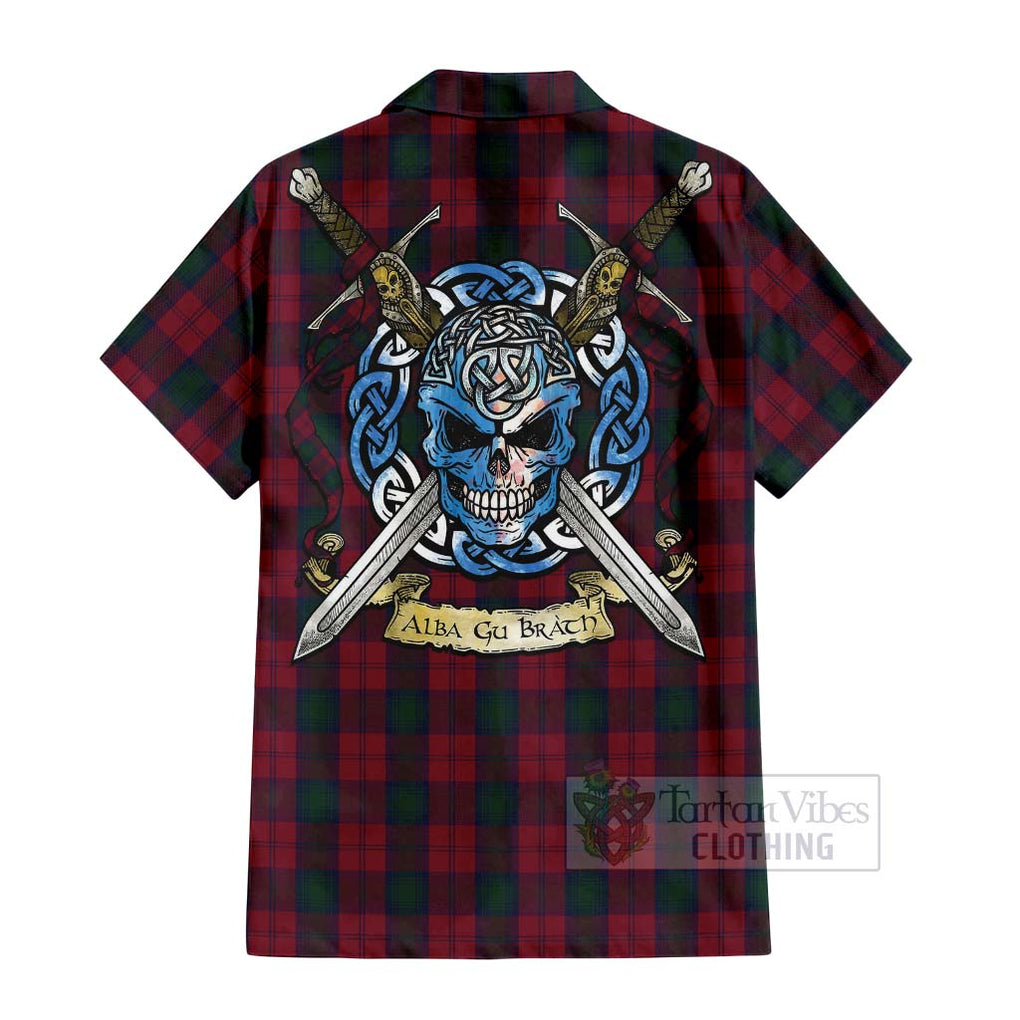 Tartan Vibes Clothing Lindsay Tartan Short Sleeve Button Shirt with Family Crest Celtic Skull Style