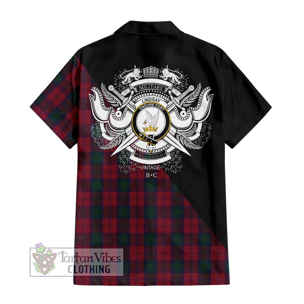 Lindsay Tartan Short Sleeve Button Shirt with Family Crest and Military Logo Style - Tartanvibesclothing Shop