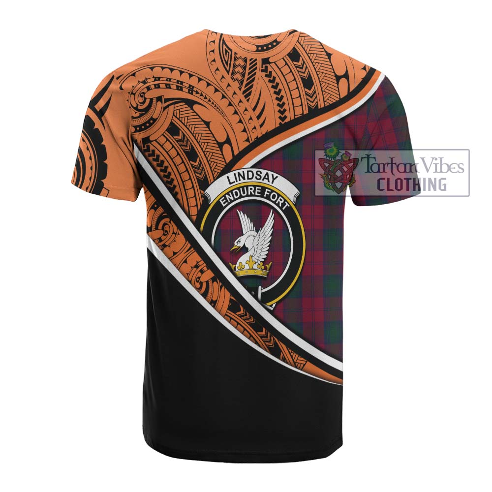 Tartan Vibes Clothing Lindsay Crest Tartan Cotton T-shirt with Maori Tattoo Style - Orange Version