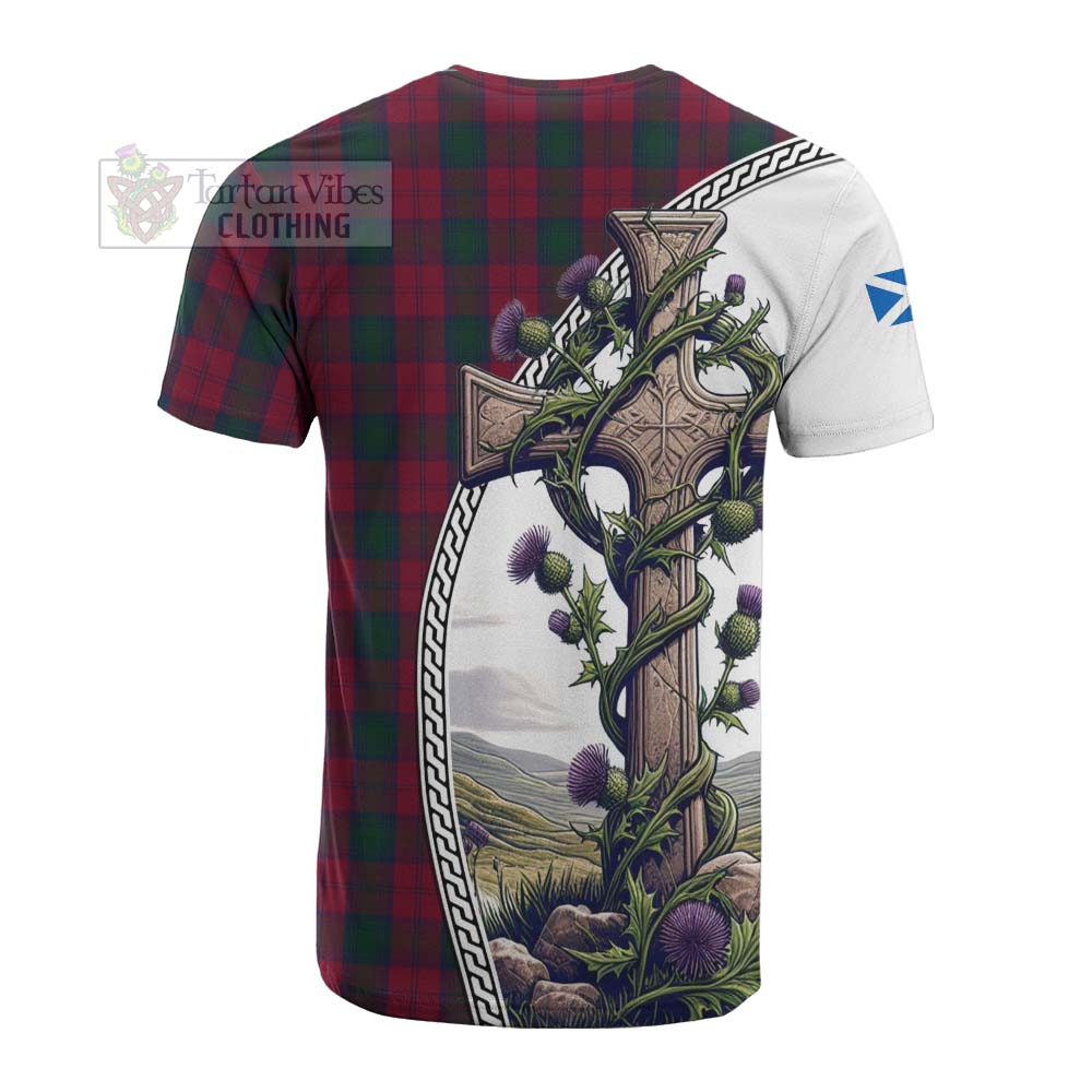 Tartan Vibes Clothing Lindsay Tartan Cotton T-shirt with Family Crest and St. Andrew's Cross Accented by Thistle Vines