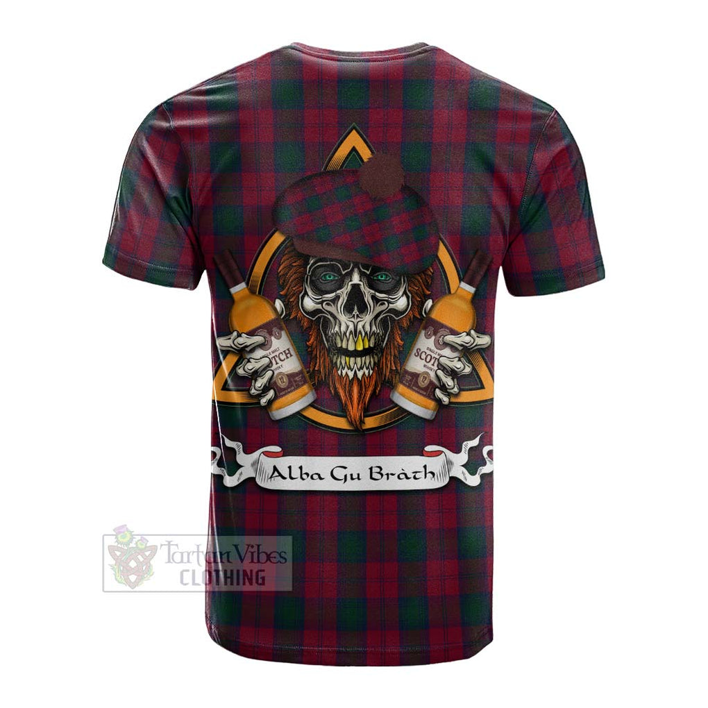 Tartan Vibes Clothing Lindsay Tartan Cotton T-shirt with Family Crest and Bearded Skull Holding Bottles of Whiskey