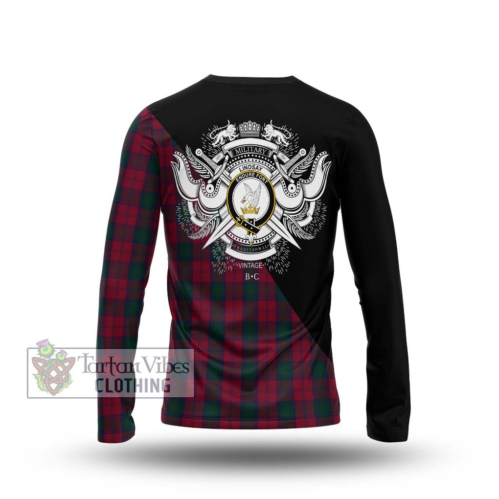 Lindsay Tartan Long Sleeve T-Shirt with Family Crest and Military Logo Style - Tartanvibesclothing Shop