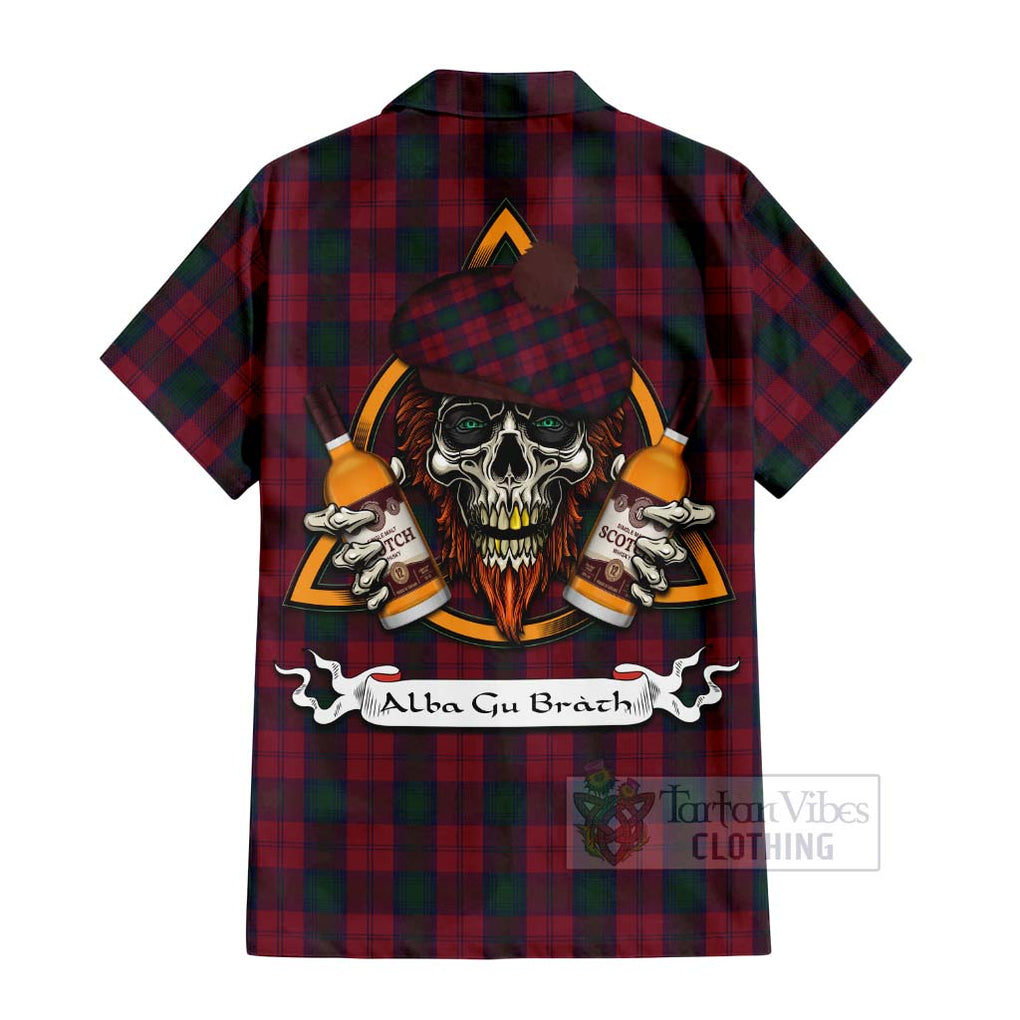 Tartan Vibes Clothing Lindsay Tartan Short Sleeve Button Shirt with Family Crest and Bearded Skull Holding Bottles of Whiskey