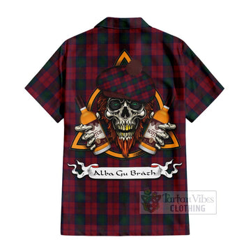 Lindsay Tartan Short Sleeve Button Shirt with Family Crest and Bearded Skull Holding Bottles of Whiskey