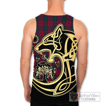 Lindsay Tartan Men's Tank Top with Family Crest Celtic Wolf Style
