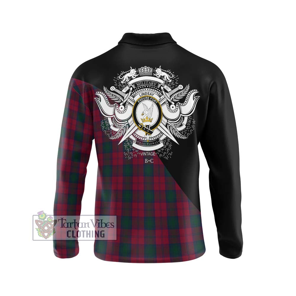 Lindsay Tartan Long Sleeve Polo Shirt with Family Crest and Military Logo Style - Tartanvibesclothing Shop