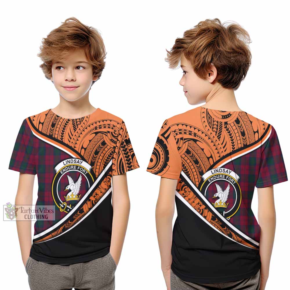 Tartan Vibes Clothing Lindsay Crest Tartan Kid T-Shirt with Maori Tattoo Style - Orange Version