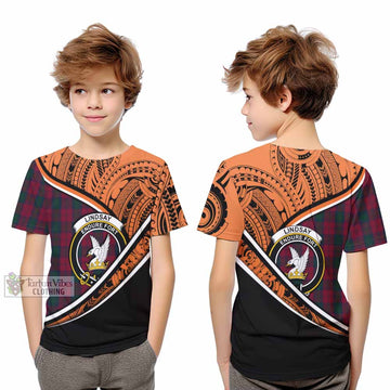 Lindsay Crest Tartan Kid T-Shirt with Polynesian Vibes Style - Orange Version