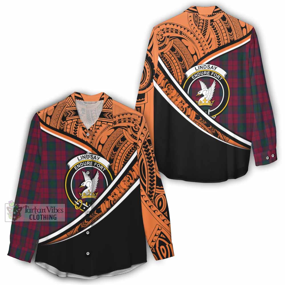 Tartan Vibes Clothing Lindsay Crest Tartan Women's Casual Shirt with Maori Tattoo Style - Orange Version