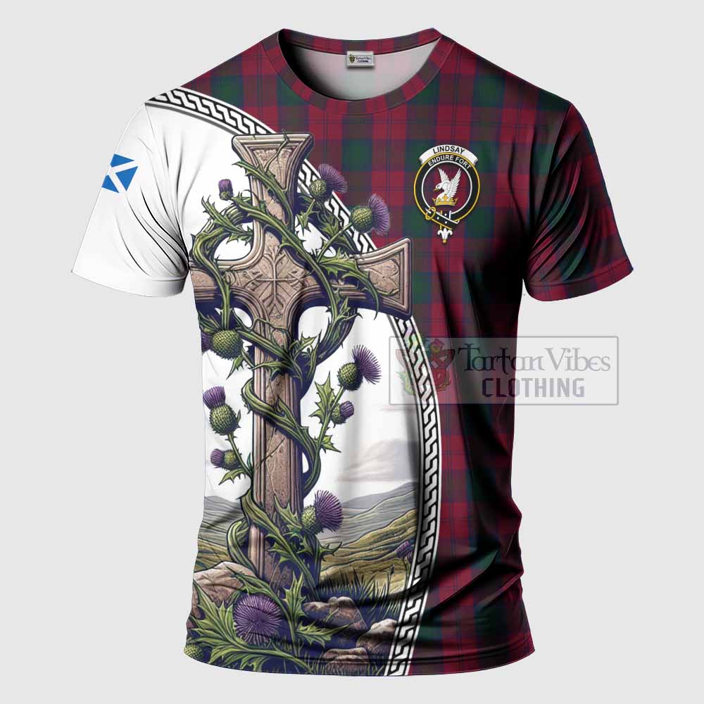 Tartan Vibes Clothing Lindsay Agnew Tartan T-Shirt with Family Crest and St. Andrew's Cross Accented by Thistle Vines