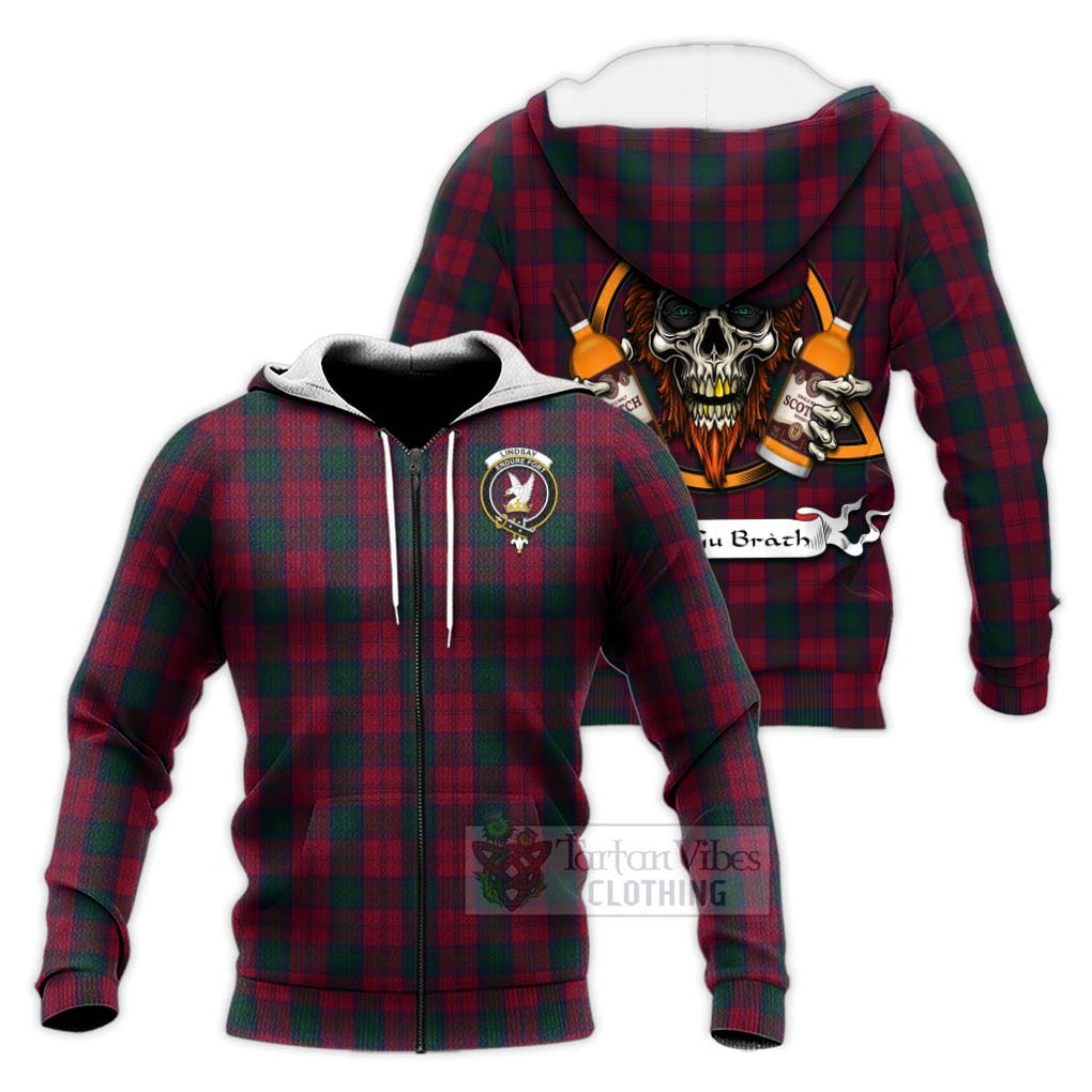 Tartan Vibes Clothing Lindsay Tartan Knitted Hoodie with Family Crest and Bearded Skull Holding Bottles of Whiskey