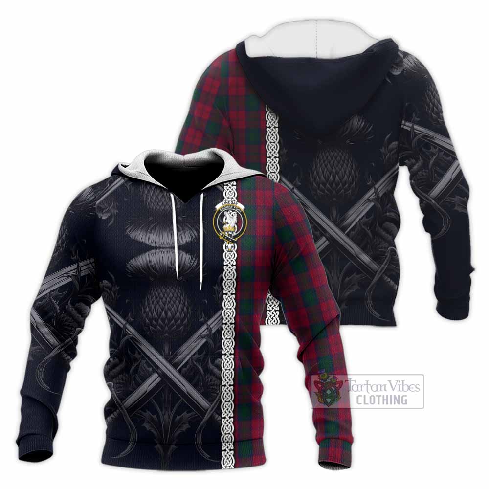 Tartan Vibes Clothing Lindsay Tartan Knitted Hoodie with Family Crest Cross Sword Thistle Celtic Vibes