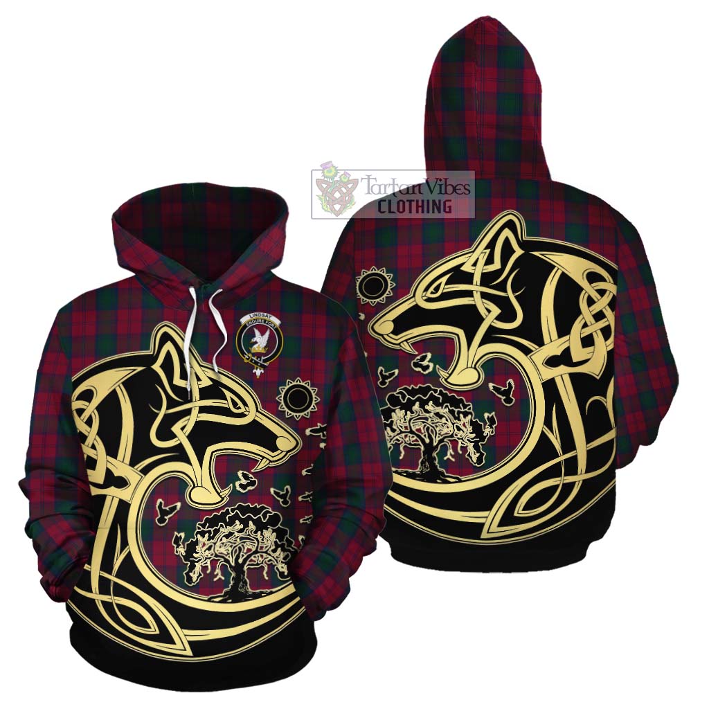 Tartan Vibes Clothing Lindsay Tartan Cotton Hoodie with Family Crest Celtic Wolf Style