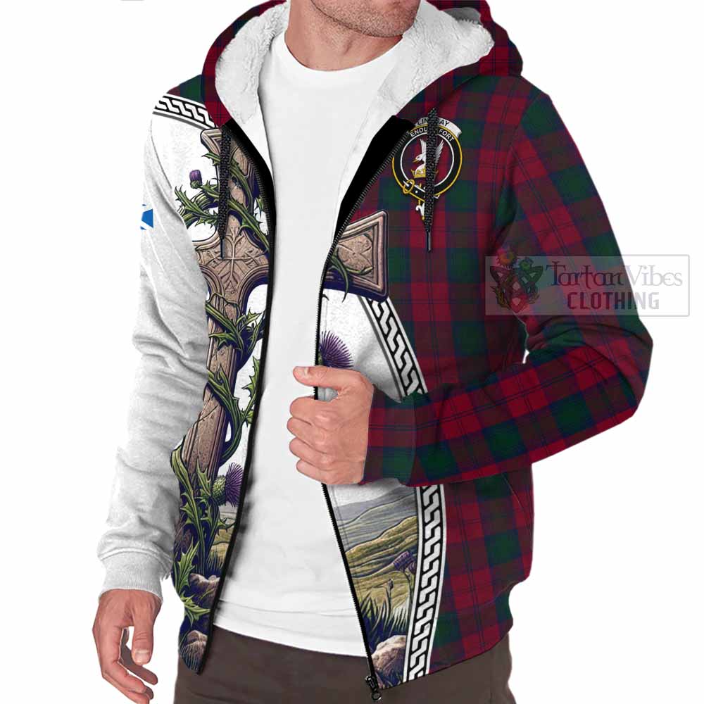 Tartan Vibes Clothing Lindsay Tartan Sherpa Hoodie with Family Crest and St. Andrew's Cross Accented by Thistle Vines