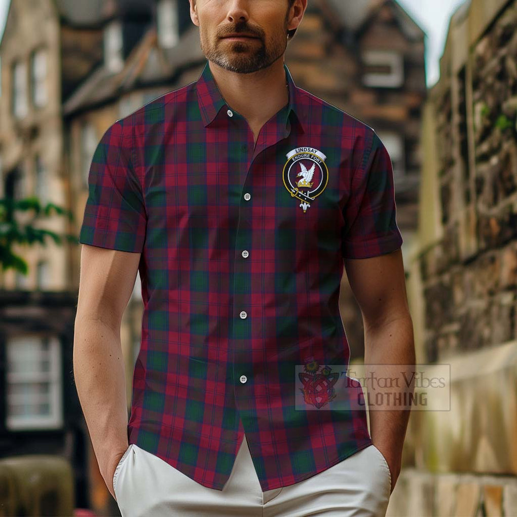 Tartan Vibes Clothing Lindsay Tartan Short Sleeve Button Shirt with Family Crest and Bearded Skull Holding Bottles of Whiskey