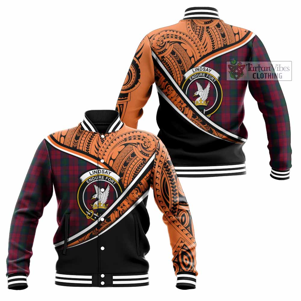 Tartan Vibes Clothing Lindsay Crest Tartan Baseball Jacket with Maori Tattoo Style - Orange Version