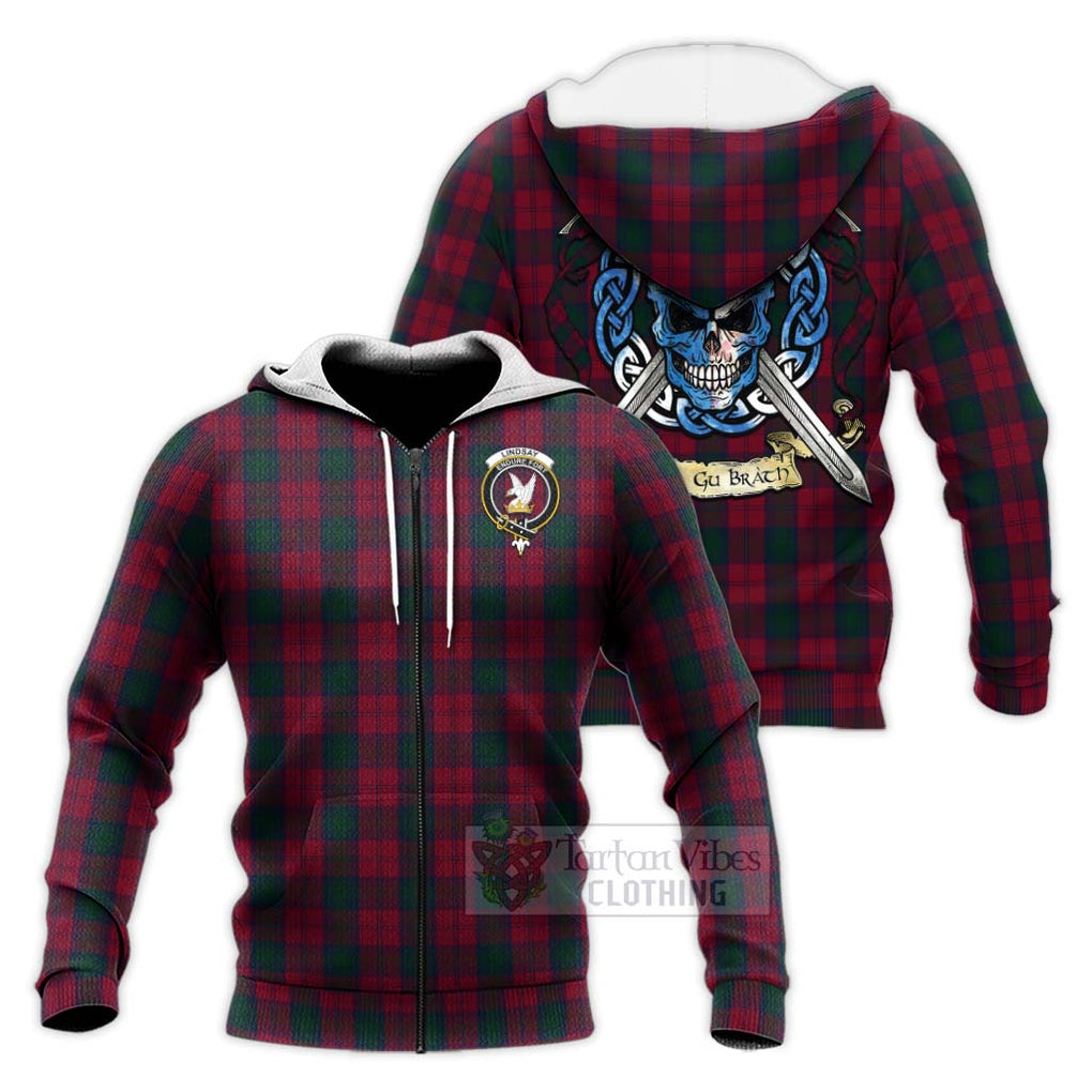 Tartan Vibes Clothing Lindsay Tartan Knitted Hoodie with Family Crest Celtic Skull Style