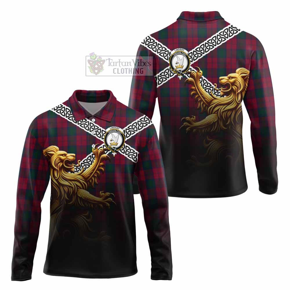 Lindsay Crest Tartan Long Sleeve Polo Shirt with Golden Lion Emblem Celtic Style - Tartan Vibes Clothing
