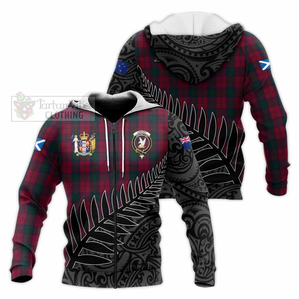 Tartan Vibes Clothing Lindsay Crest Tartan Knitted Hoodie with New Zealand Silver Fern Half Style