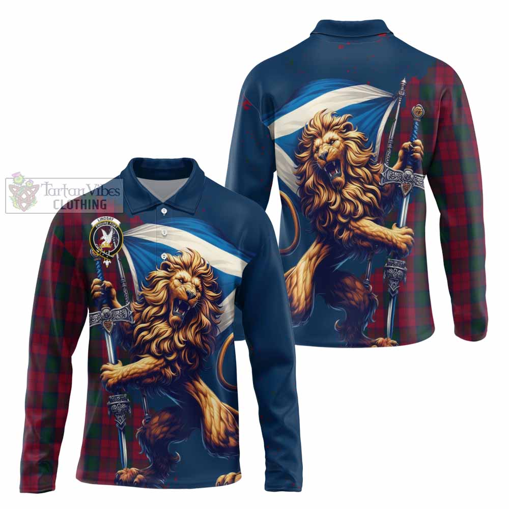 Tartan Vibes Clothing Lindsay Tartan Family Crest Long Sleeve Polo Shirt with Scottish Majestic Lion