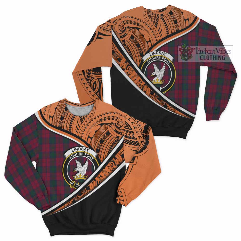 Tartan Vibes Clothing Lindsay Crest Tartan Sweatshirt with Maori Tattoo Style - Orange Version