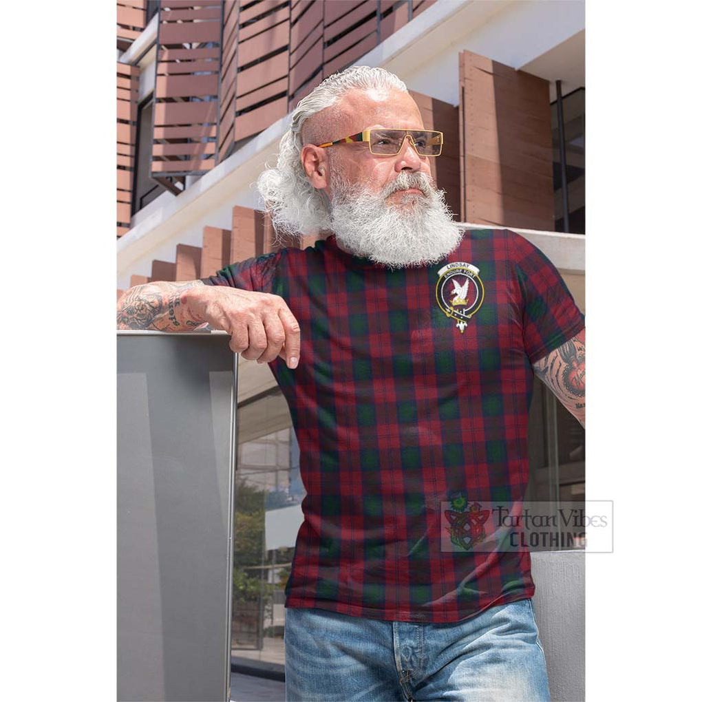 Tartan Vibes Clothing Lindsay Tartan Cotton T-shirt with Family Crest and Bearded Skull Holding Bottles of Whiskey