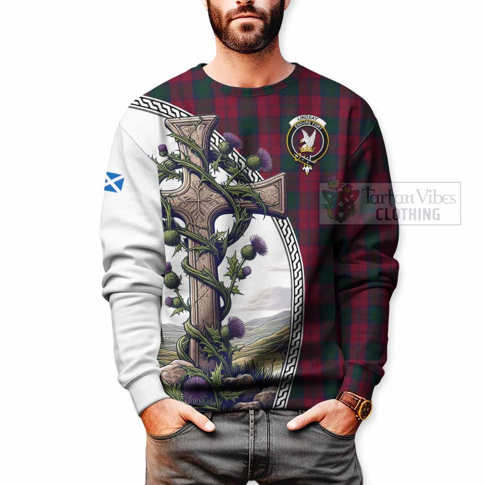 Tartan Vibes Clothing Lindsay Tartan Sweatshirt with Family Crest and St. Andrew's Cross Accented by Thistle Vines