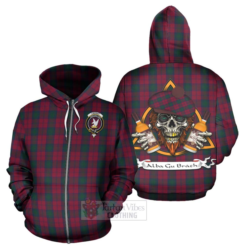 Tartan Vibes Clothing Lindsay Tartan Hoodie with Family Crest and Bearded Skull Holding Bottles of Whiskey