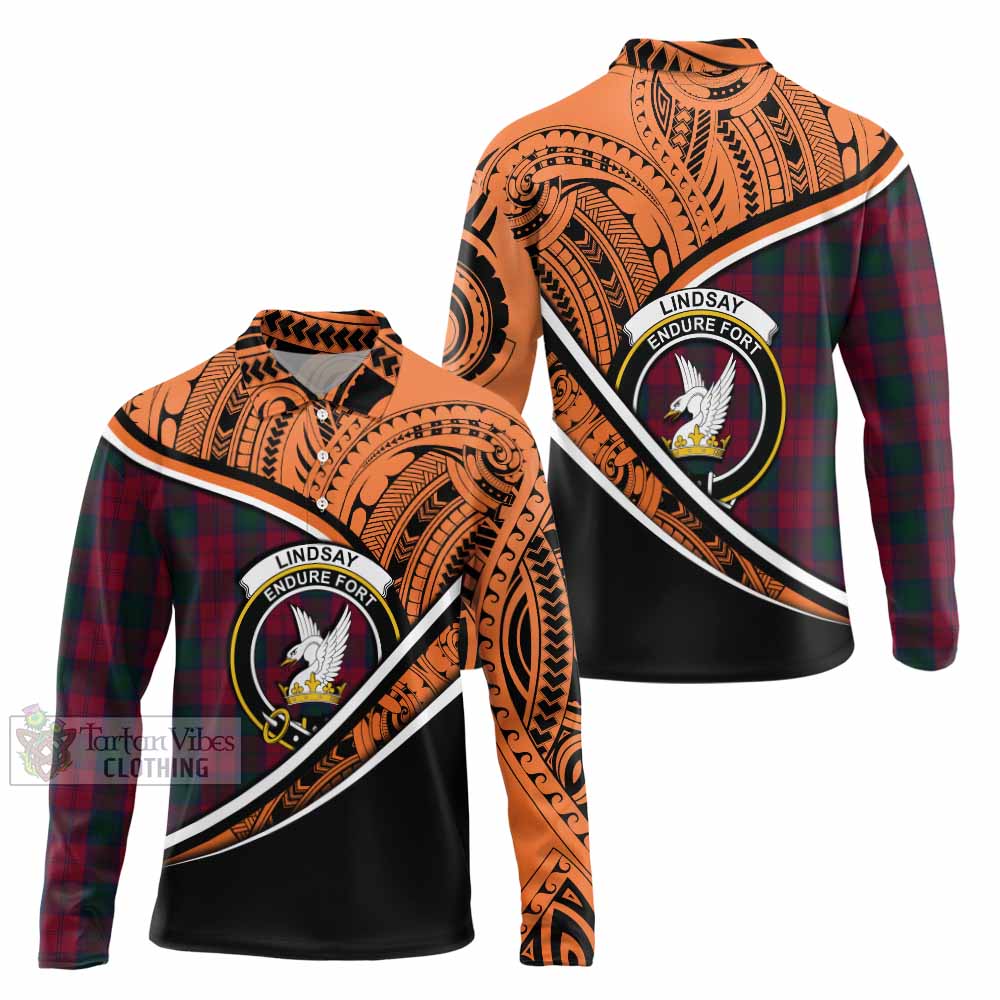 Tartan Vibes Clothing Lindsay Crest Tartan Long Sleeve Polo Shirt with Maori Tattoo Style - Orange Version