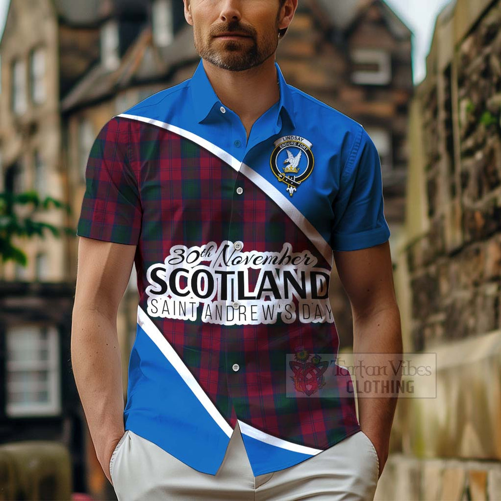 Tartan Vibes Clothing Lindsay Family Crest Tartan Short Sleeve Button Shirt Celebrate Saint Andrew's Day in Style