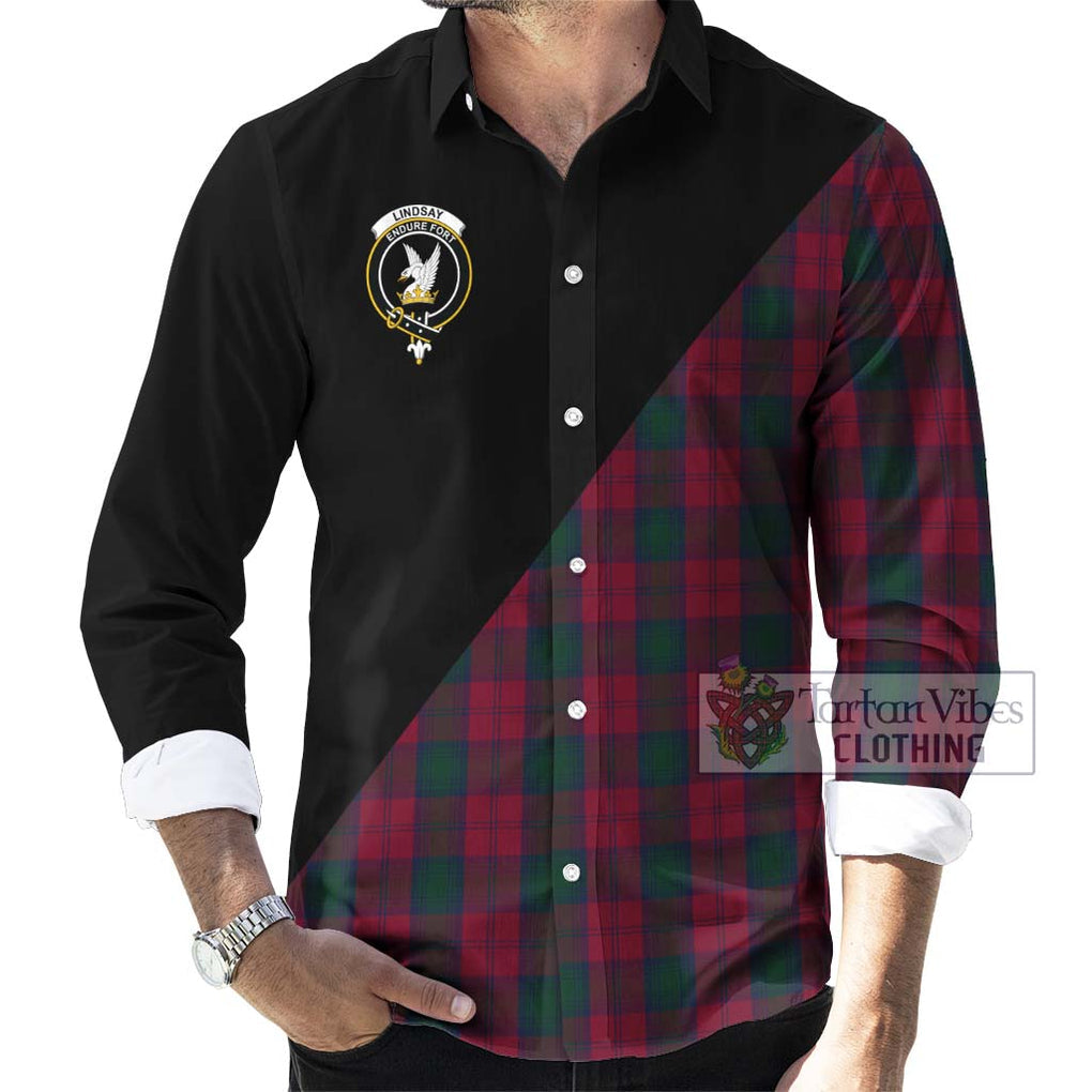 Lindsay Tartan Long Sleeve Button Shirt with Family Crest and Military Logo Style - Tartanvibesclothing Shop