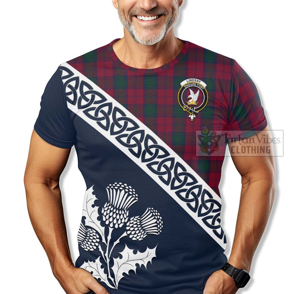 Lindsay Tartan T-Shirt Featuring Thistle and Scotland Map