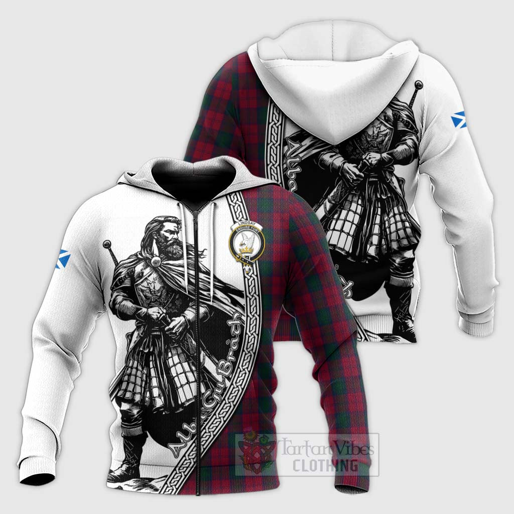 Tartan Vibes Clothing Lindsay Tartan Clan Crest Knitted Hoodie with Highlander Warrior Celtic Style