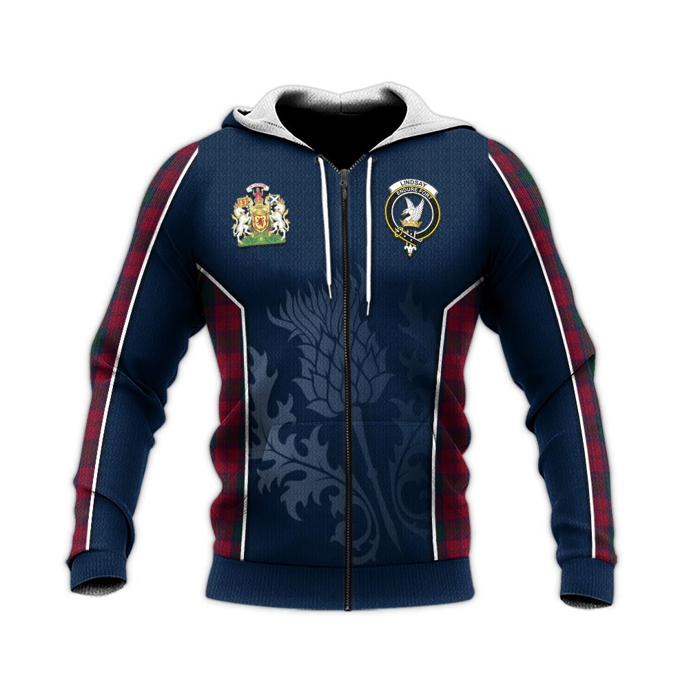 Tartan Vibes Clothing Lindsay Tartan Knitted Hoodie with Family Crest and Scottish Thistle Vibes Sport Style