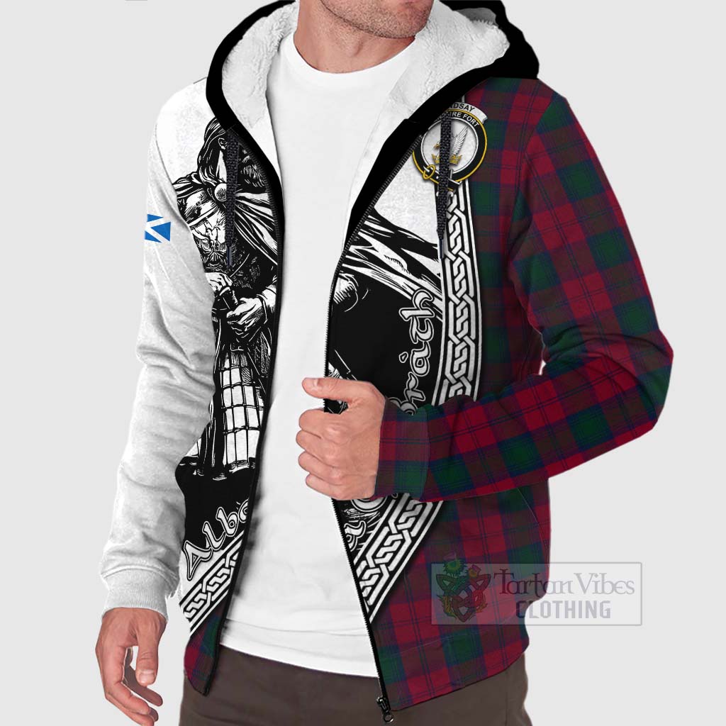 Tartan Vibes Clothing Lindsay Tartan Clan Crest Sherpa Hoodie with Highlander Warrior Celtic Style