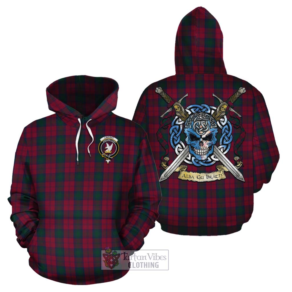 Tartan Vibes Clothing Lindsay Tartan Cotton Hoodie with Family Crest Celtic Skull Style